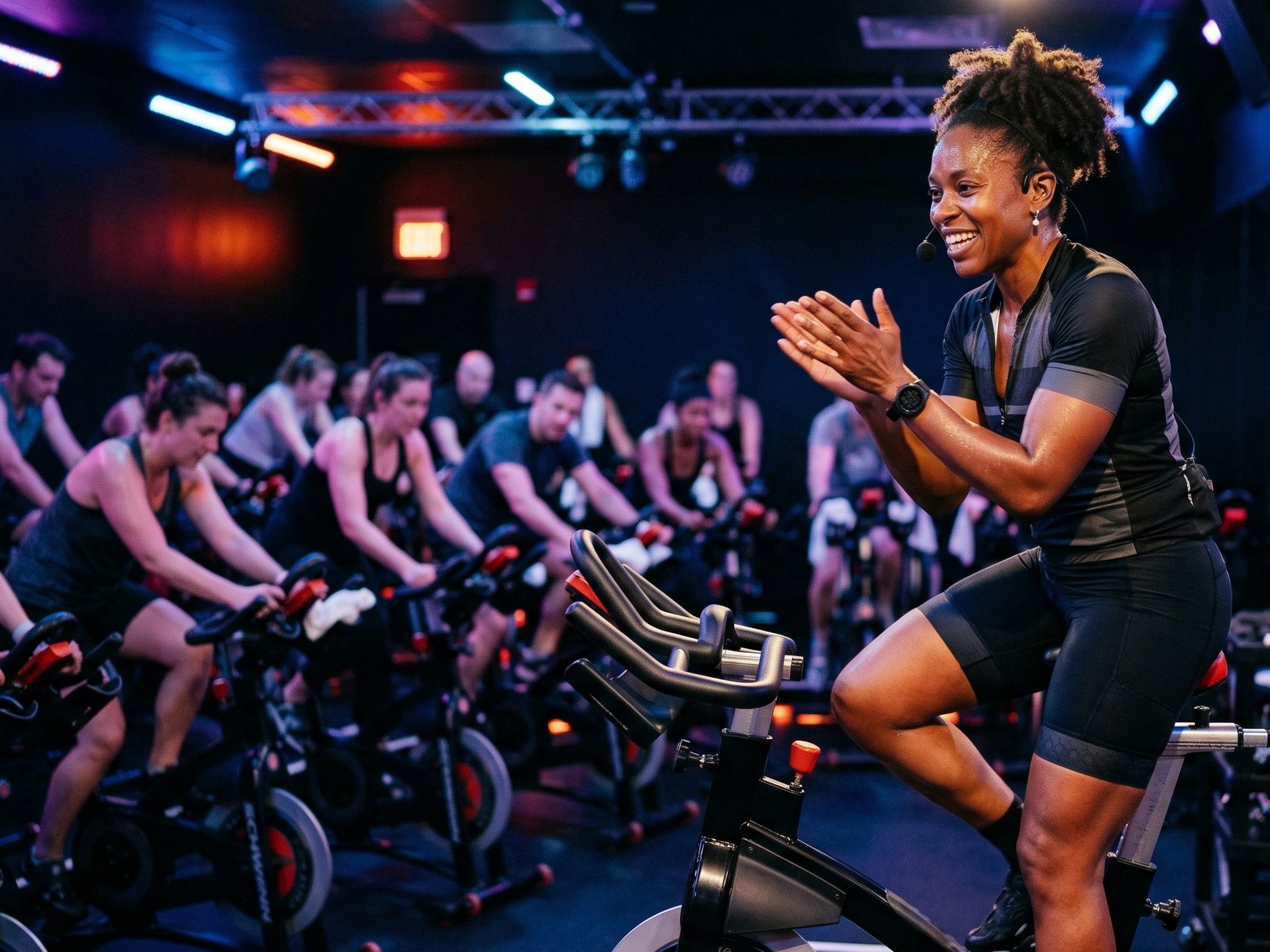 An enthusiastic African American woman leads a diverse group of people during an intense indoor cycling session in a modern gym.